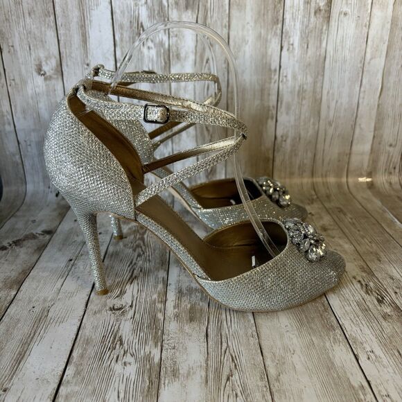 Badgley Mischka Belle Jewel Encrusted Silver Sparkling High Heel Shoes Size 9 - Picture 2 of 10
